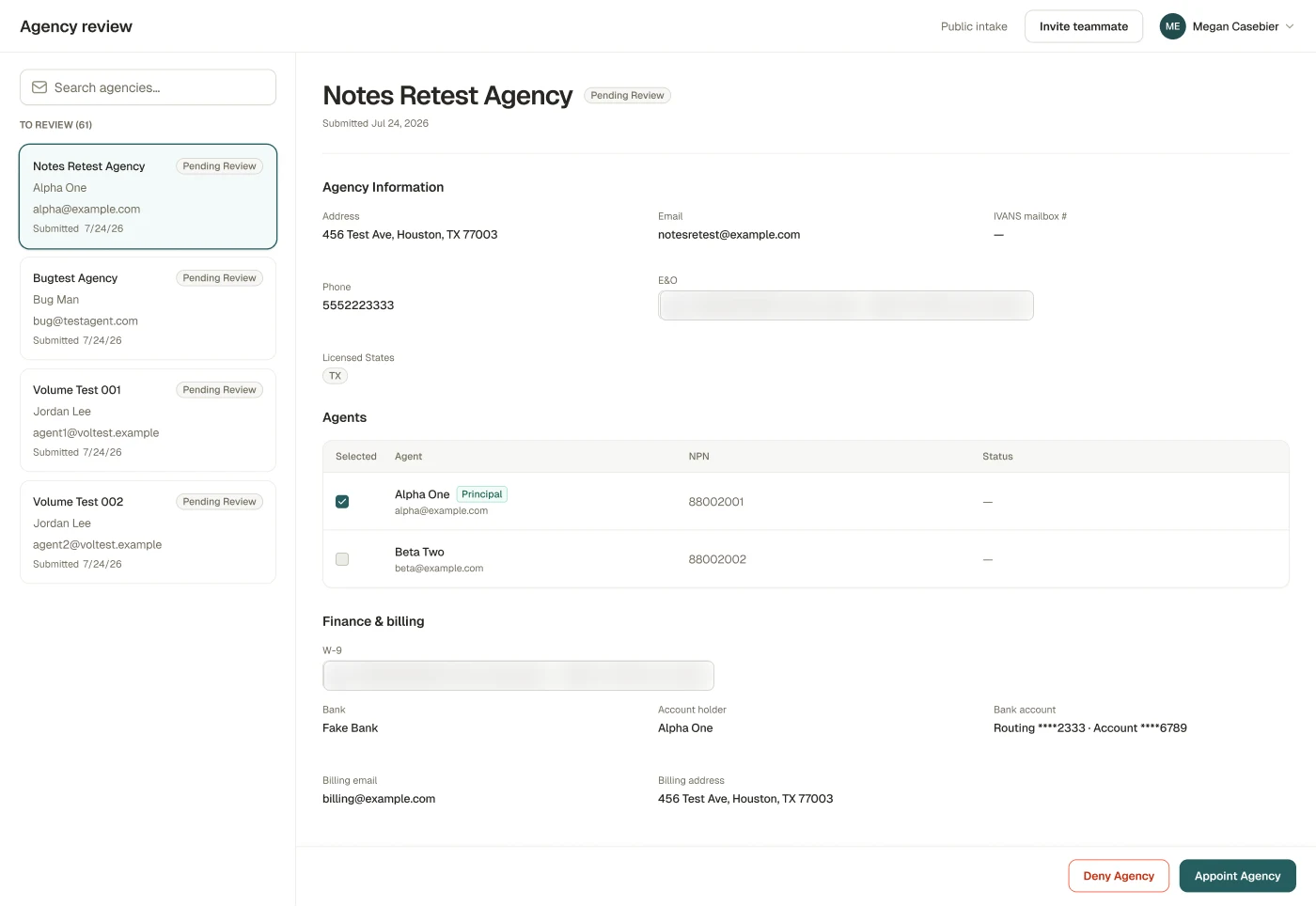 Hand two: my redesign of the agency review screen, built in code. An agency's details, its agents, and finance and billing, with Deny Agency and Appoint Agency actions. All data is fictional; two document filenames are blurred.