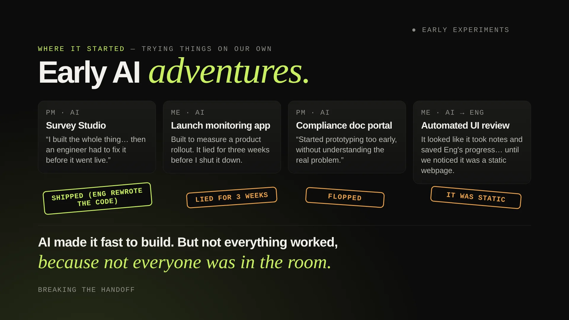 Slide from the talk, Early AI adventures: four solo AI experiments and how each one ended