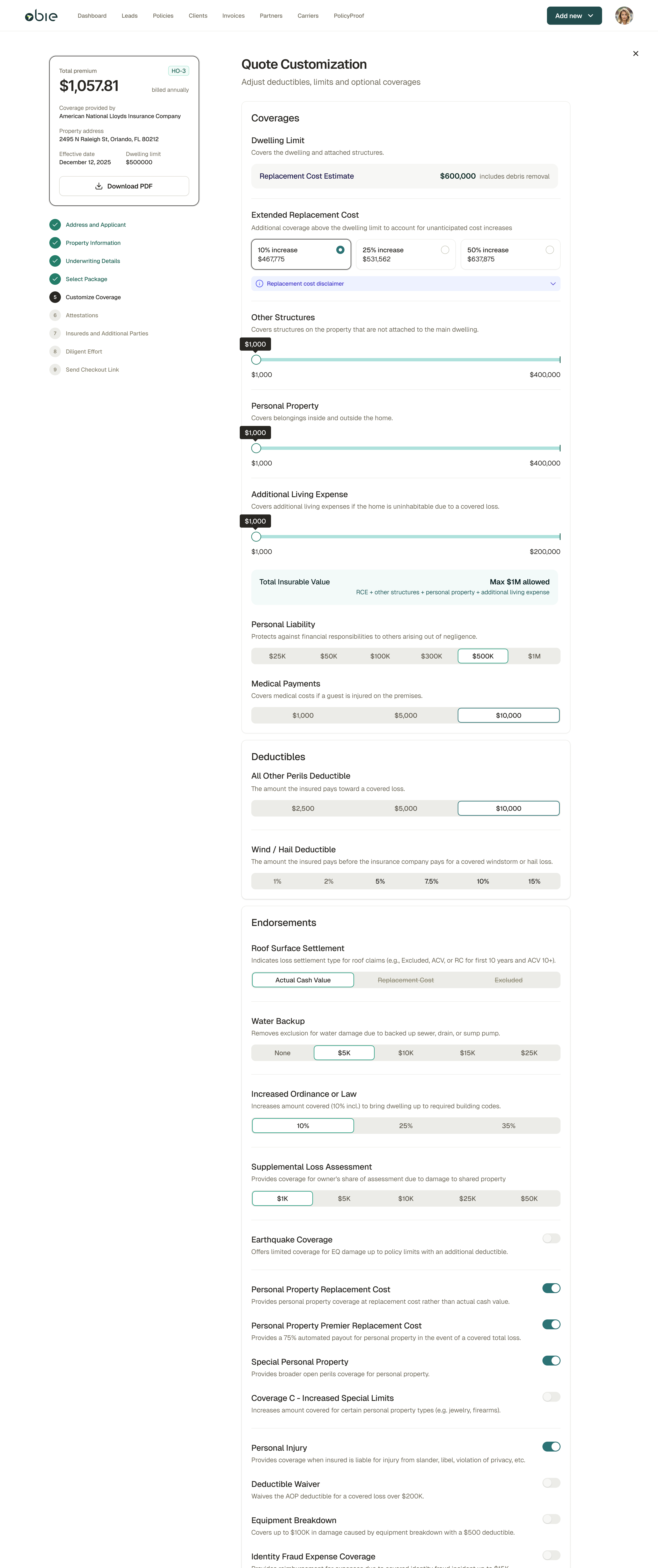 Coverage Customization screen