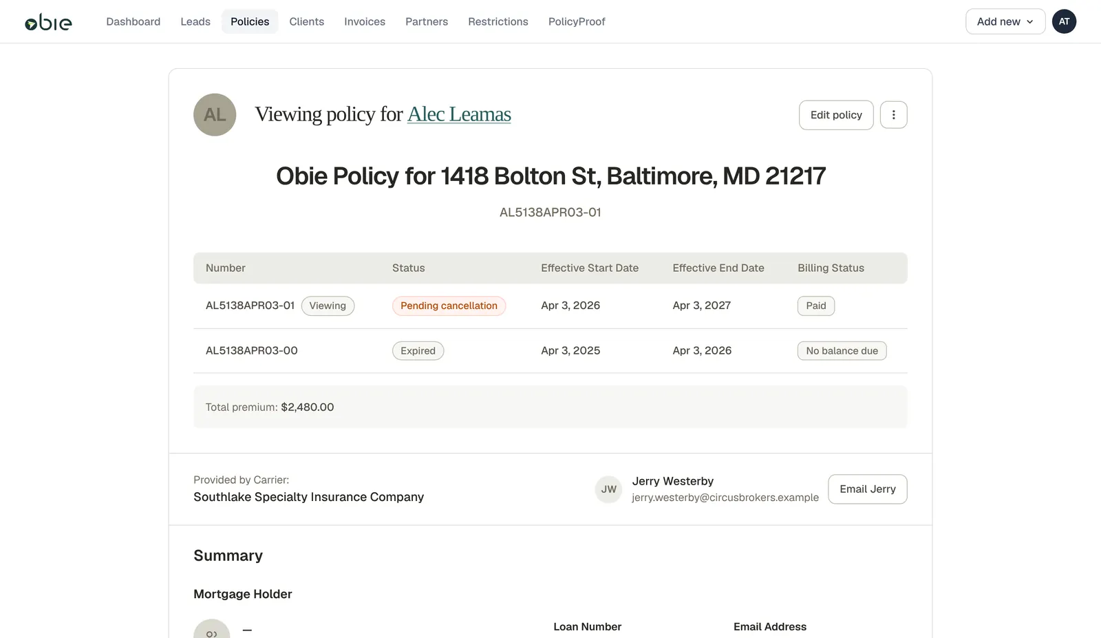 The old policy page: a large centred title, a table of policy terms with a 'Pending cancellation' pill, and a three-dot menu.