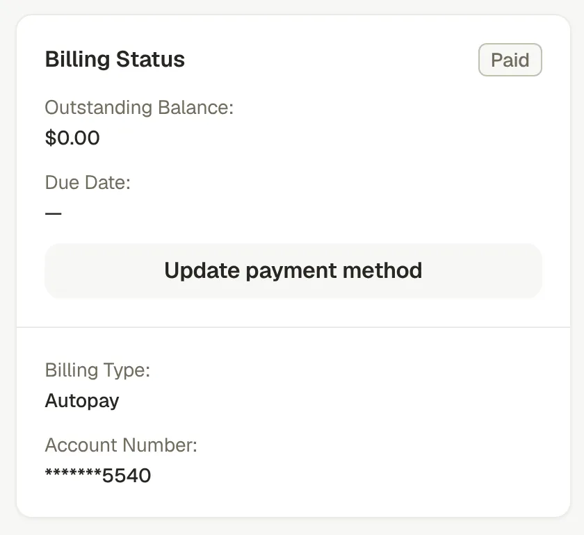 Billing Status card marked Paid, outstanding balance $0.00, with an Update payment method button.