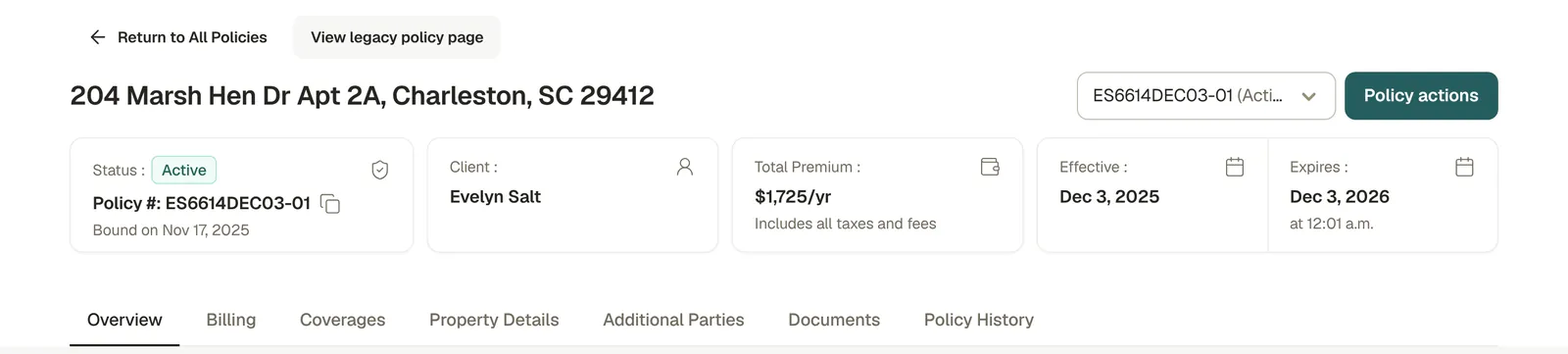 A quiet policy header with four facts: status, client, premium and dates