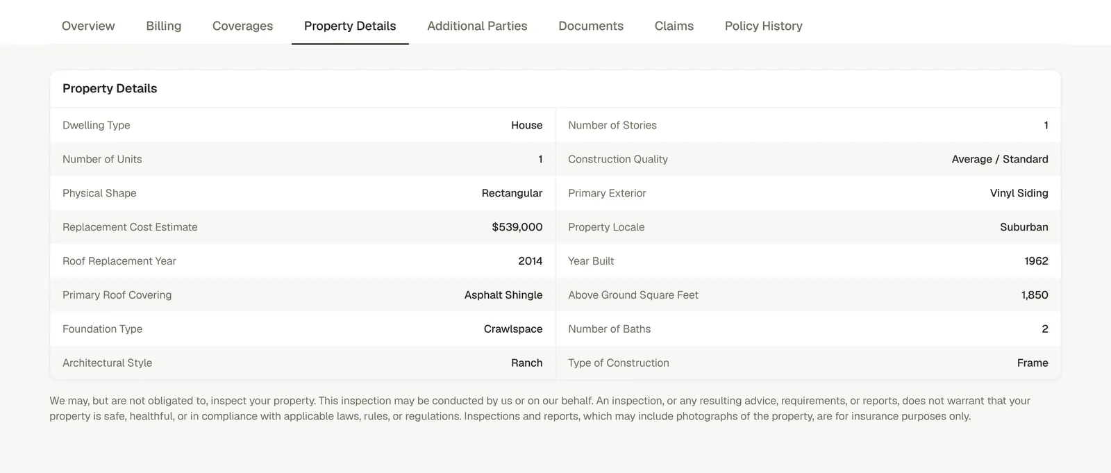 Property Details tab with dwelling characteristics and the inspection disclaimer beneath.