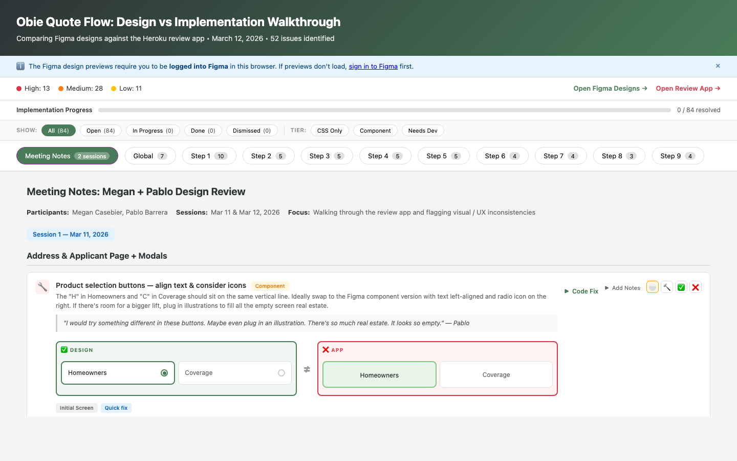 QA walkthrough tool showing severity breakdown, progress tracking, filters, and issue cards with design-vs-implementation comparisons