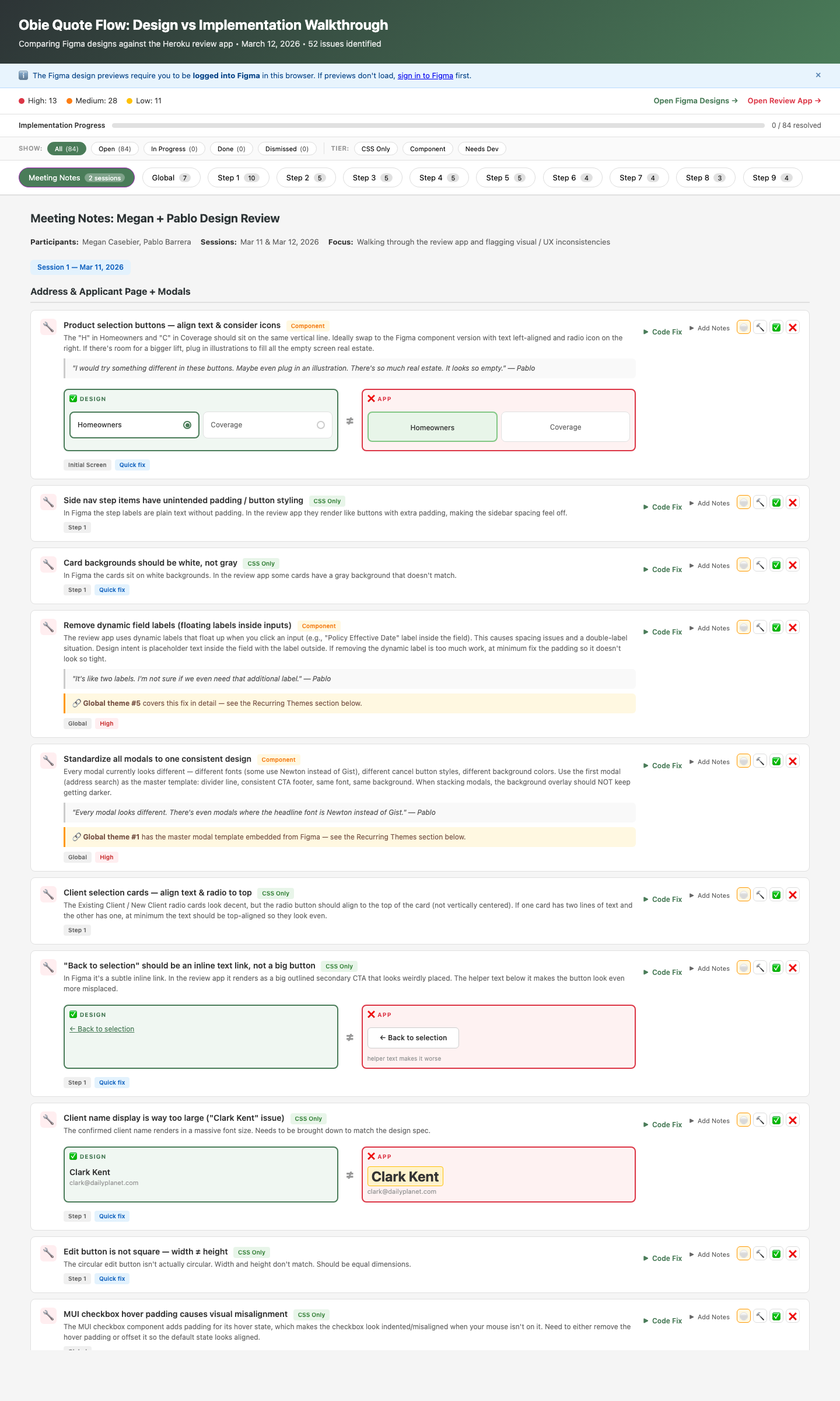 Issue cards showing design vs app comparisons, severity badges, tier classifications, code fix buttons, and status tracking
