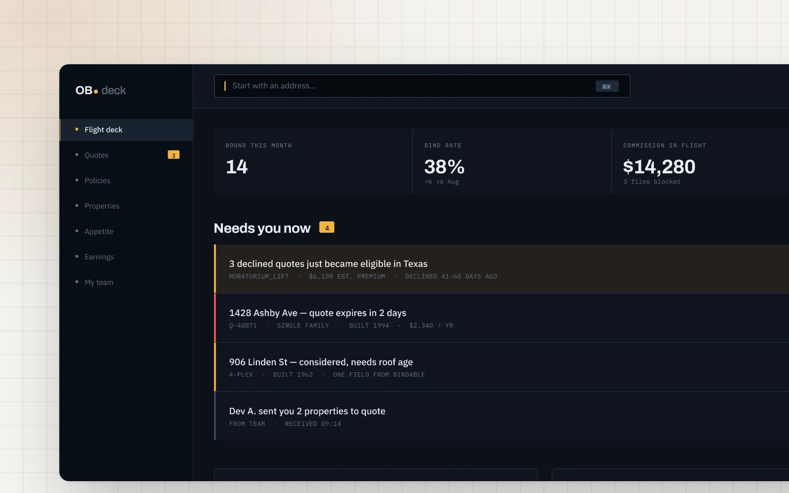 Hackathon concept, the Flight Deck: a dark agent home led by a Needs you now queue in gold, with declined quotes that just became eligible at the top. A conceptual exploration, not shipped product; every name and figure is fictional.