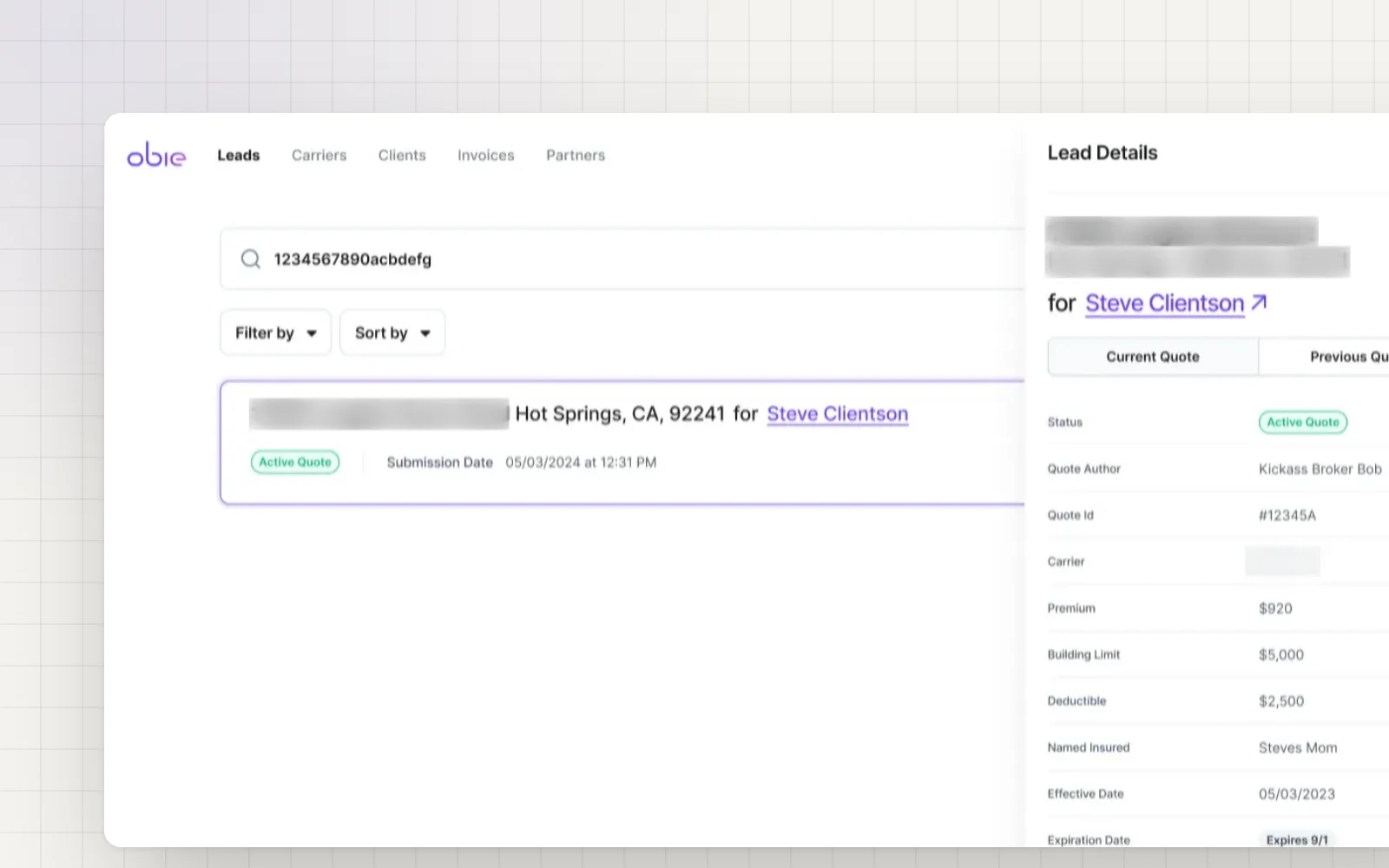 The redesigned Leads tab, fictional data: one lead for a fictional address, and the Lead Details panel with its status, quote and Continue to Quote.