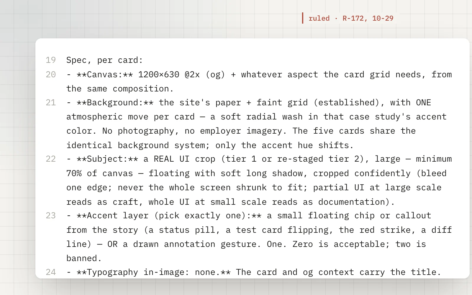The Foreman Method, a real brief as written: lines 19 to 24 of the part-ten brief in a plain-text view, with a margin note reading ruled.