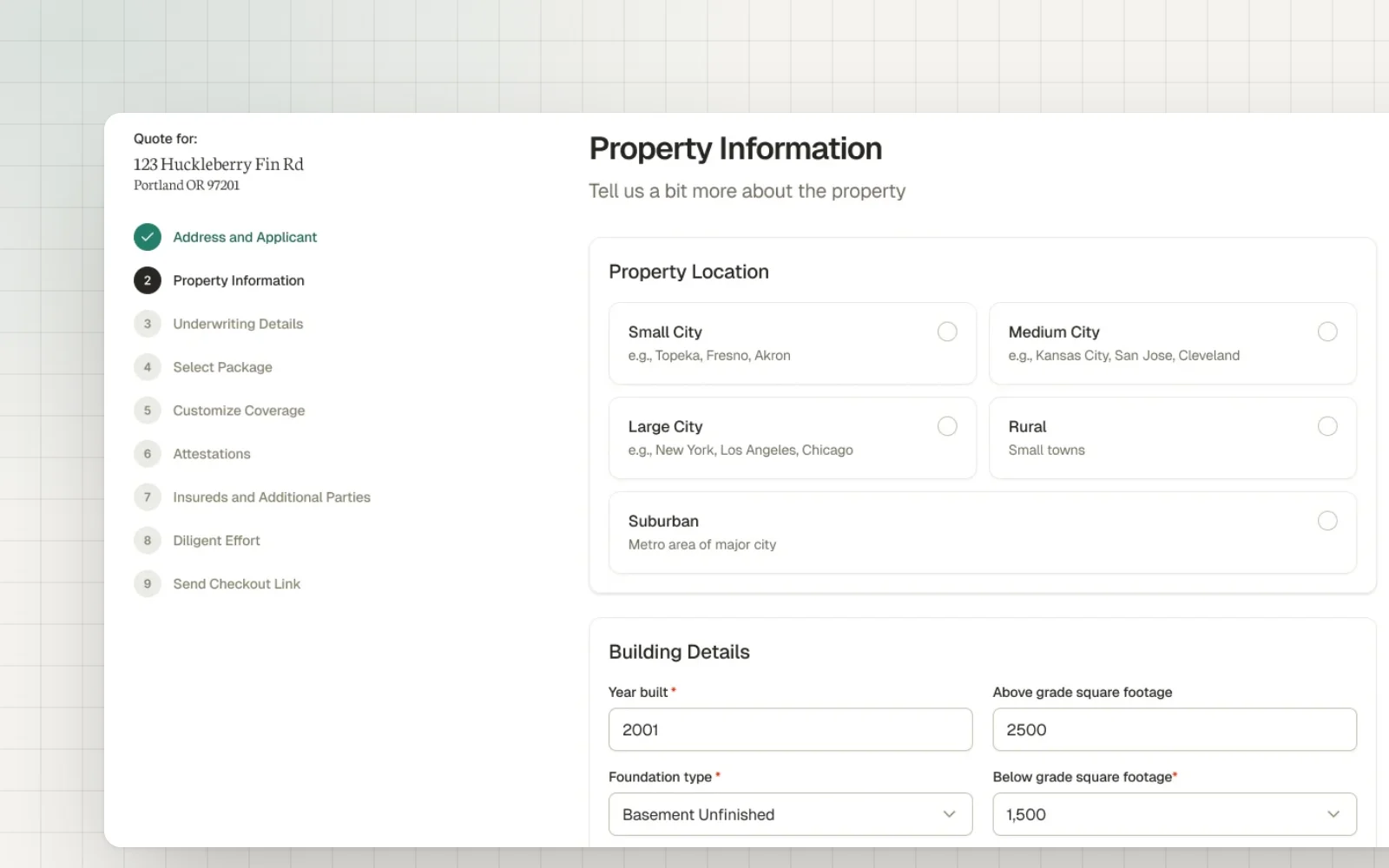 The homeowners quote flow, fictional data: the nine steps down the left and the Property Information step, with property location choices and building details.