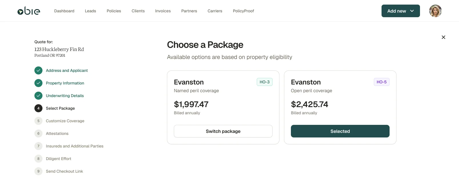 Choosing a package: two homeowners packages side by side, each with its annual premium, and the nine quote steps down the left